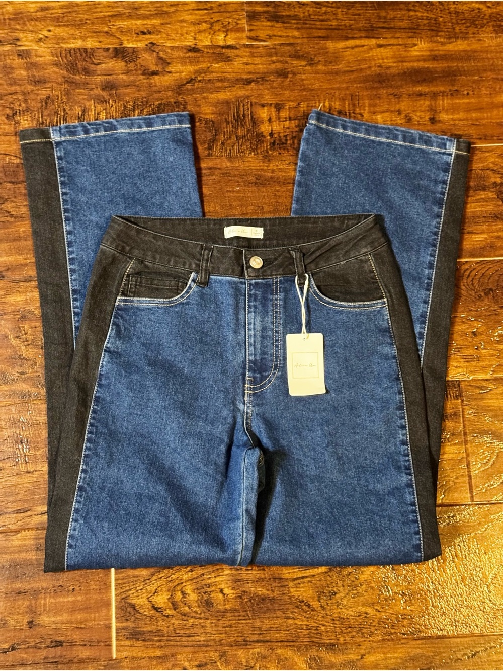 NWT Active USA 2 Tone Side Contrast Straight Leg Denim Jeans Size Small